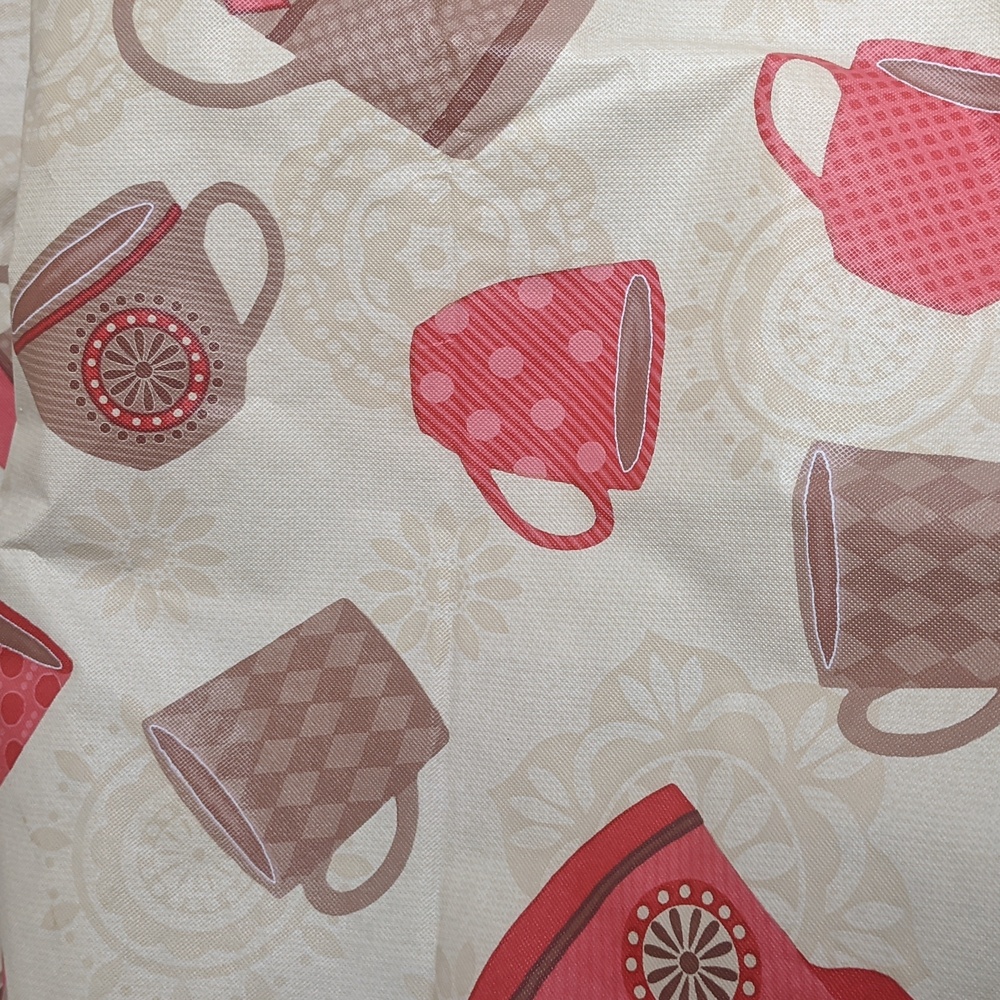 Coffeepot Mugs Tablecloth 52 x 90-in Brown Red on Beige Vinyl PVC-Free Easy Care